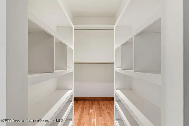 a view of walk in closet with empty racks