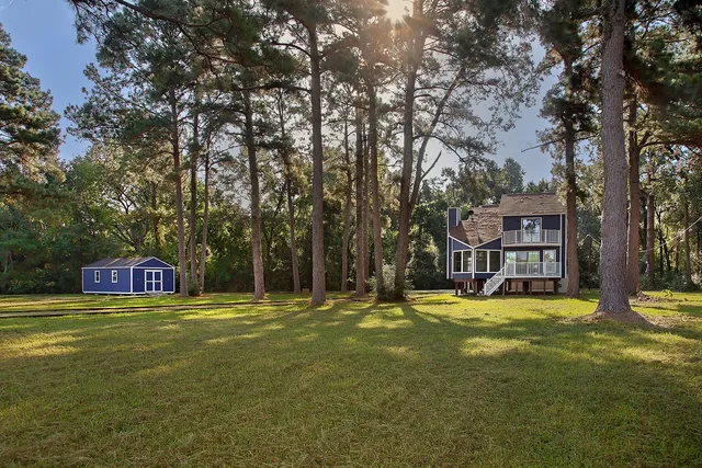 a view of a swimming pool and trees in the background