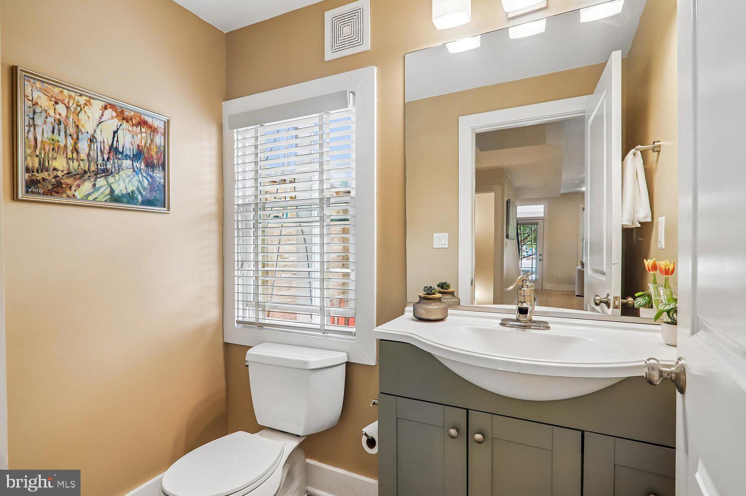 911 L Street Northeast Washington, DC 20002 - Photo 16 of 48 a bathroom with a sink a toilet a mirror and a window