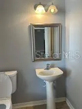 a bathroom with a sink and a mirror