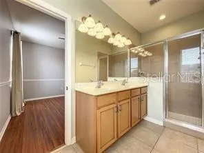 a bathroom with a sink mirror and a shower
