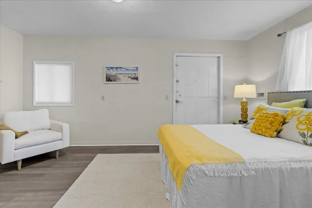 a bedroom with a bed and a couch