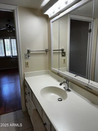 a bathroom with a sink and a mirror