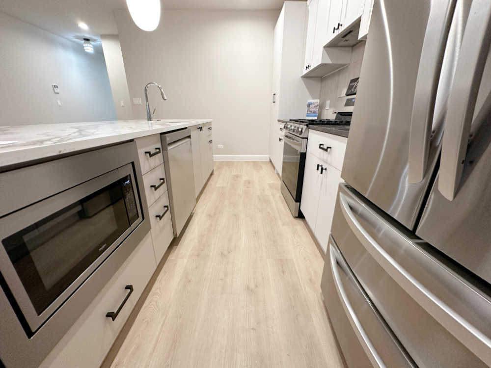 4315 South Indiana Avenue, Unit 2 Chicago, IL 60653 - Photo 7 of 16 a kitchen with granite countertop a stove oven and sink
