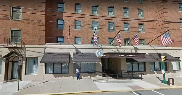 a front view of a building with street