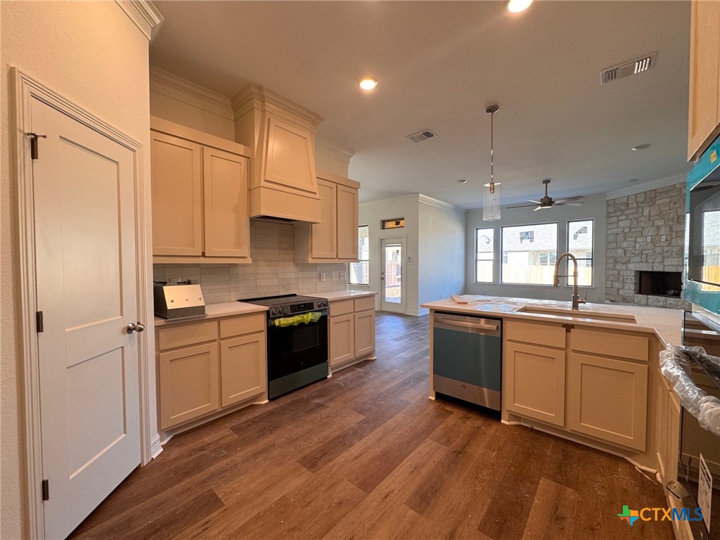 10712 Campsite Cove Temple, TX 76502 - Photo 5 of 11 a large kitchen with stainless steel appliances granite countertop a stove a sink dishwasher and a refrigerator with wooden floor