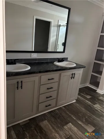 a bathroom with a sink and a mirror
