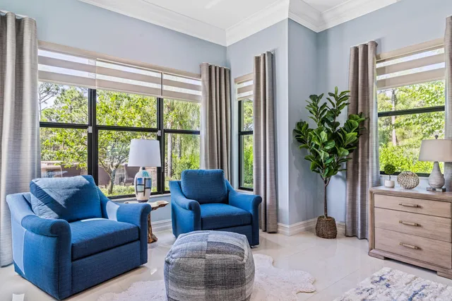 a living room with furniture and a potted plant