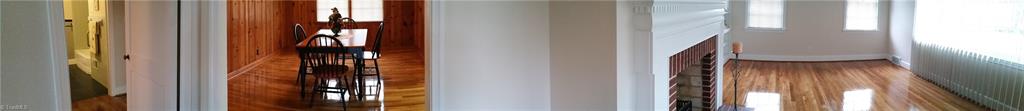 Panoramic view from living room - dining room to bathroom area