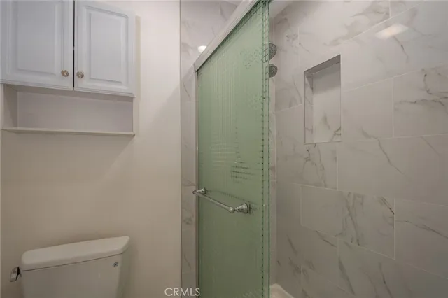 a bathroom with a shower and toilet