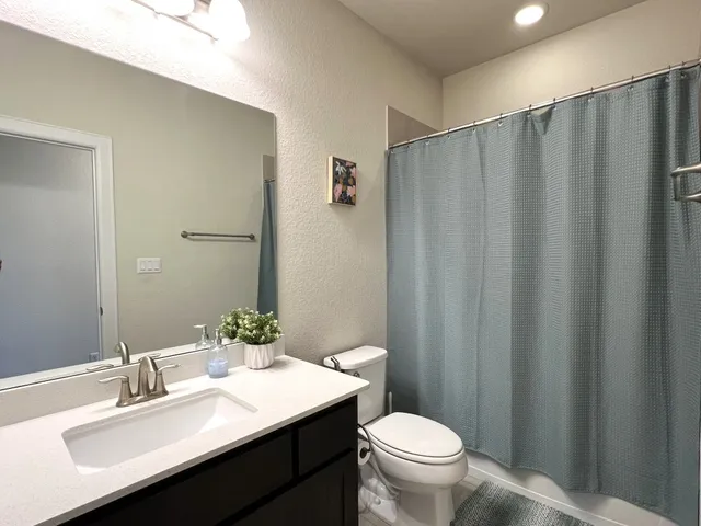 a bathroom with a sink a toilet a mirror and shower curtain