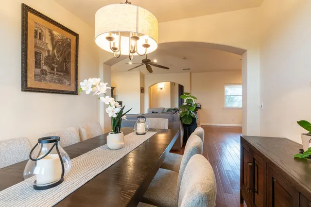 a view of a dining room with furniture