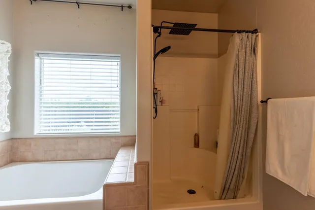 a bathroom with a bathtub and a shower