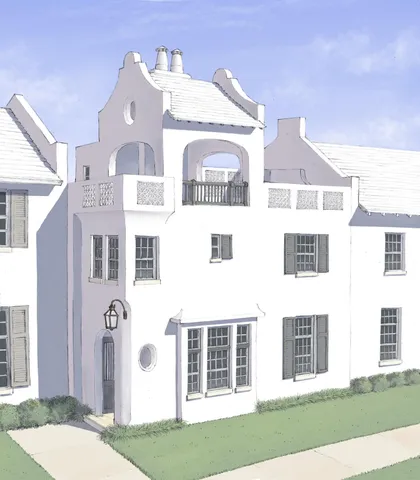 a front view of a building with a garden