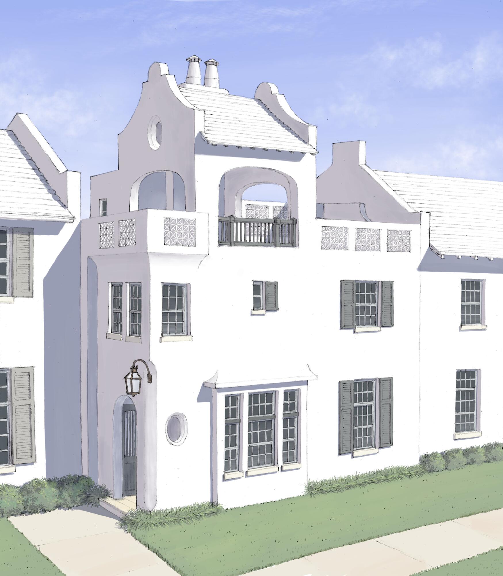 a front view of a building with a garden