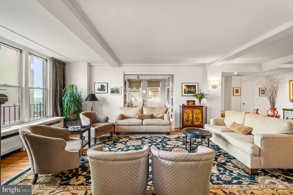 a living room with furniture a dining table and a potted plant