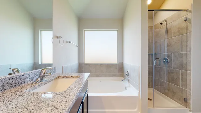 a bathroom with a granite countertop tub sink and shower
