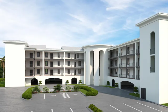 a view of a building with windows