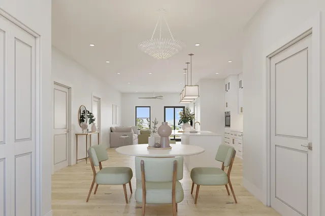 a view of a dining room with furniture and window