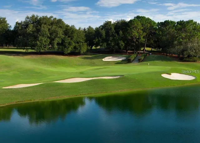 a view of a golf course with a lake