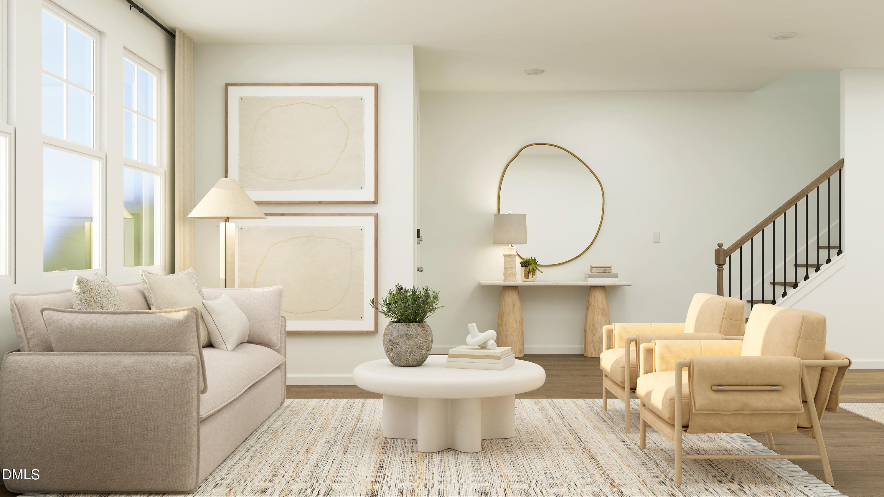 a living room with furniture a window and a lamp