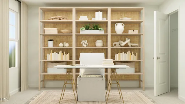 a living room with a shelf and a painting on the wall