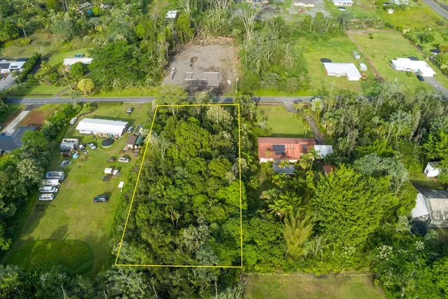 an aerial view of residential houses with outdoor space and trees