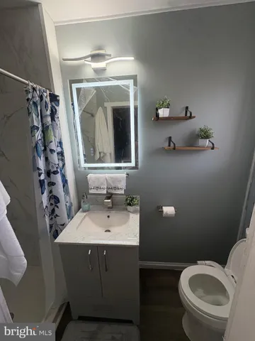 a bathroom with a toilet sink and mirror