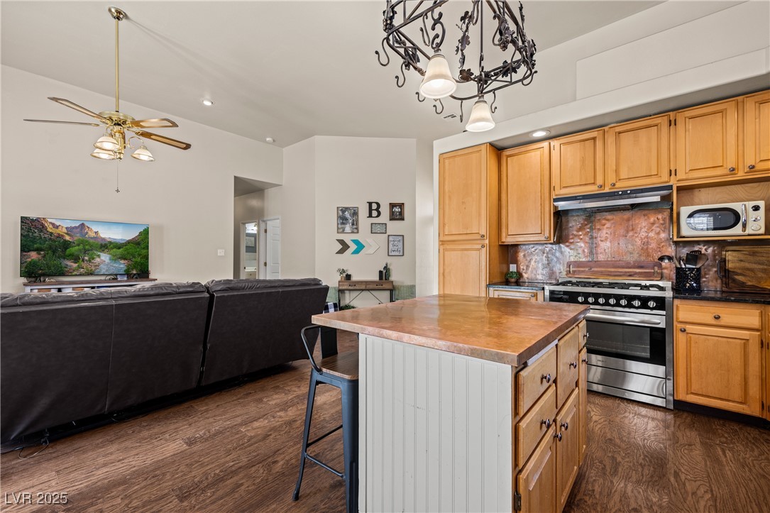 1951 Jim Haworth Court Logandale, NV 89021 - Photo 63 of 63 Kitchen featuring, stainless steel stove, under cabinet range hood, dark wood-type flooring, and open floor plan