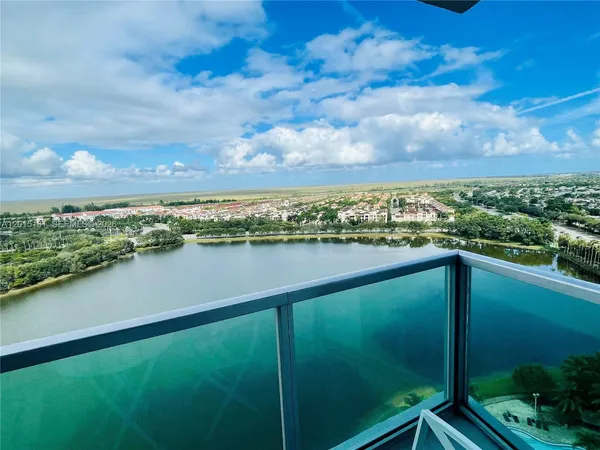 a view of a lake with a city view