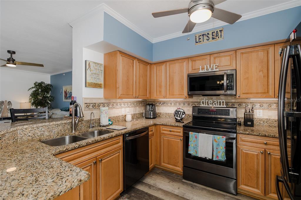 4516 Seagull Drive, Unit 615 New Port Richey, FL 34652 - Photo 7 of 45 a kitchen with stainless steel appliances granite countertop a sink stove microwave and refrigerator