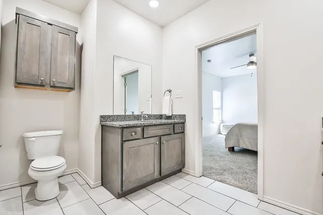 a bathroom with a toilet a sink and mirror