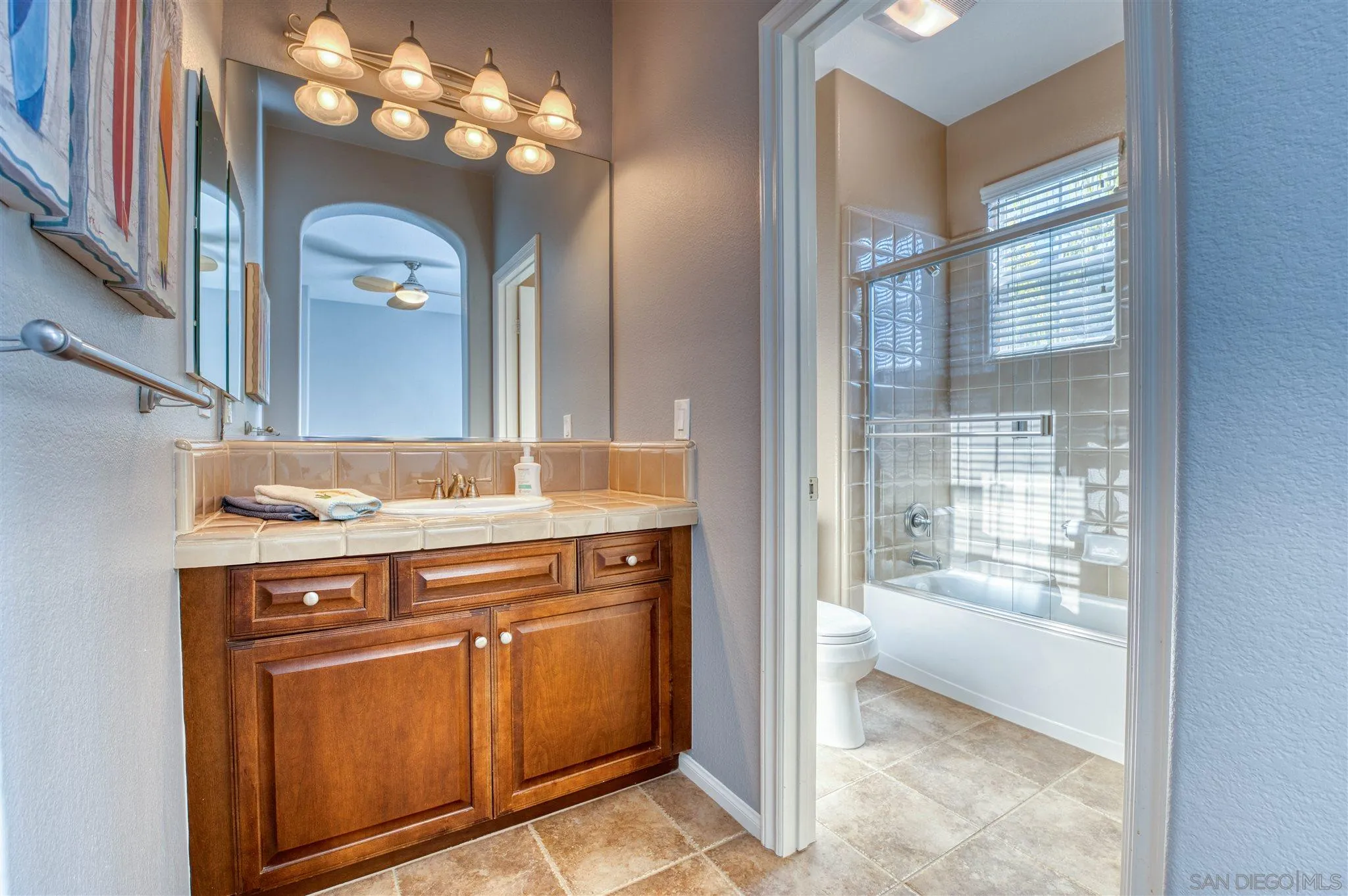7432 Circulo Sequoia Carlsbad, CA 92009 - Photo 29 of 51 a view of a bathroom with a sink cabinet and a mirror