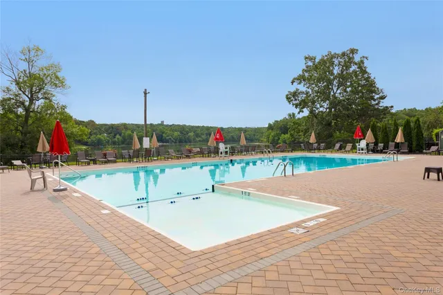a view of a swimming pool and lounge chairs