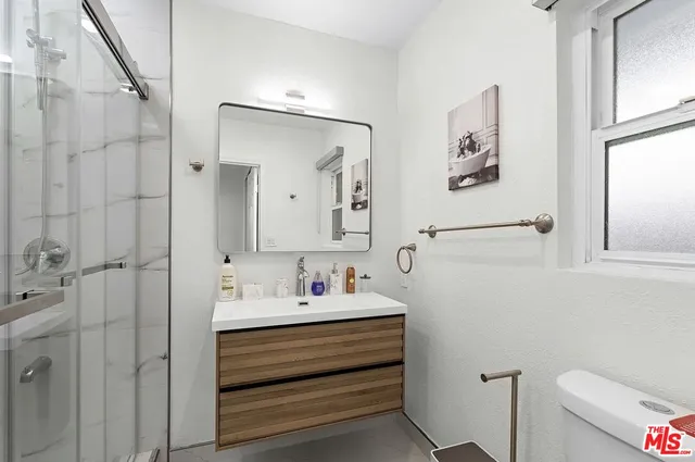 a bathroom with a sink vanity and toilet