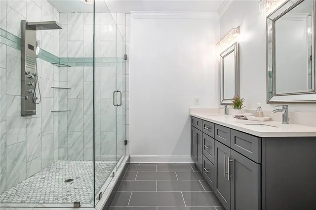 an aerial view of a house with a garden