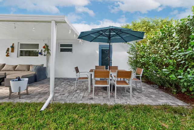 a garden view with a seating space