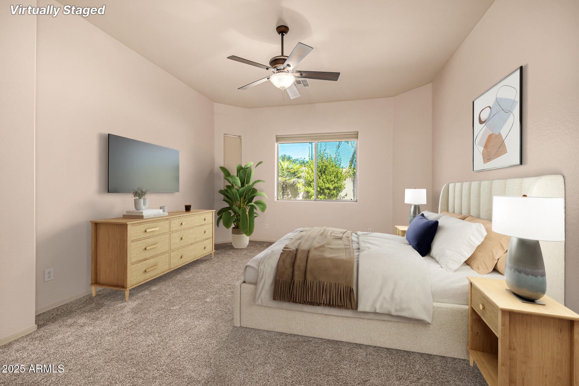 6202 East McKellips Road, Unit 156 Mesa, AZ 85215 - Photo 27 of 57 a bedroom with a large bed and a chandelier fan