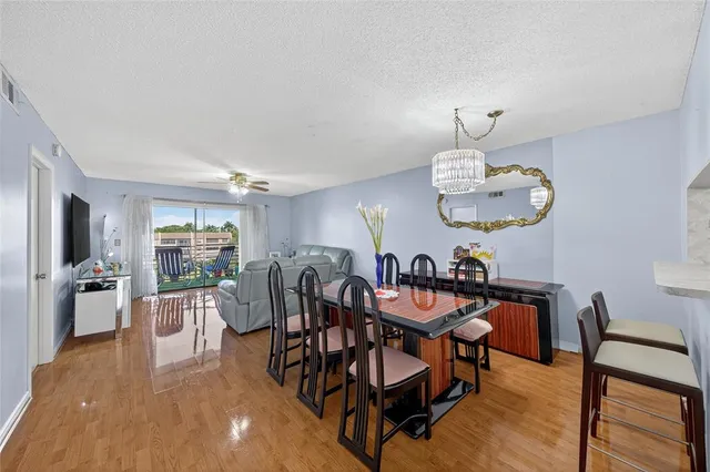 a view of a dining room with furniture wooden floor and chandelier