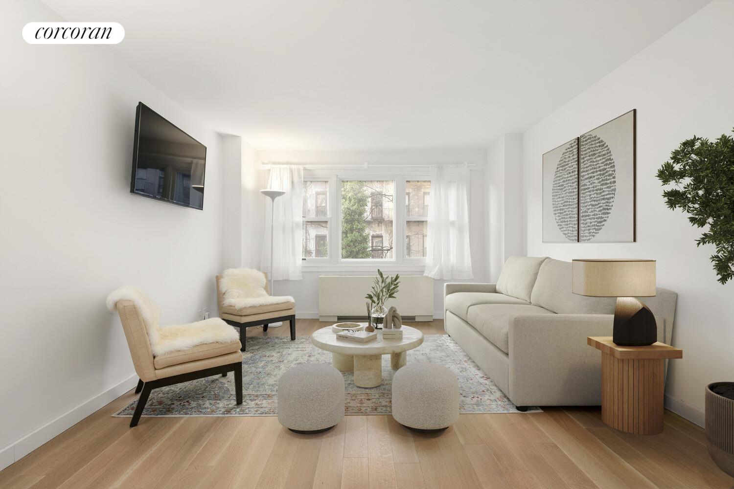 520 East 76th Street, Unit 4H Manhattan, NY 10021 - Photo 4 of 10 a living room with furniture a flat screen tv and a window