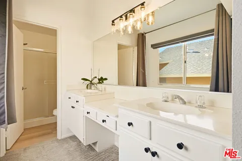 a bathroom with double vanity sink a mirror and a shower