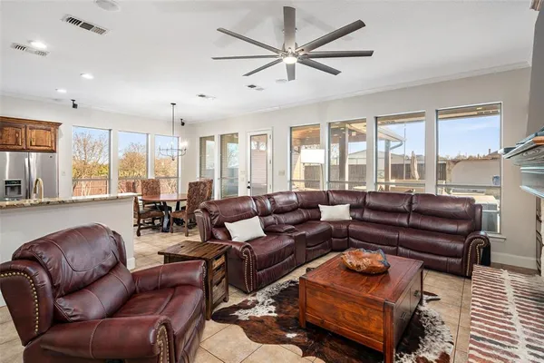 a living room with furniture or couches and a large window