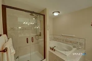 a bathroom with a shower and a bathtub