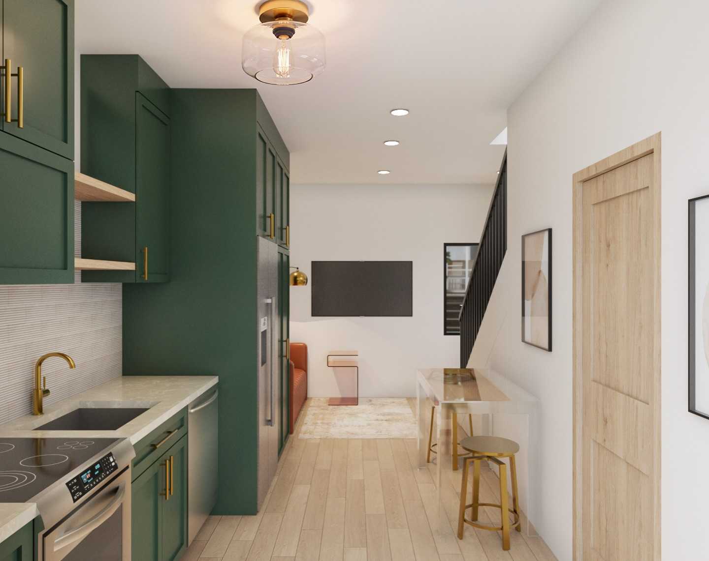 605 East 55th Street, Unit 6 Austin, TX 78751 - Photo 7 of 12 Stylish kitchen and dining area featuring sleek cabinetry, modern appliances, and an open layout with warm natural light.