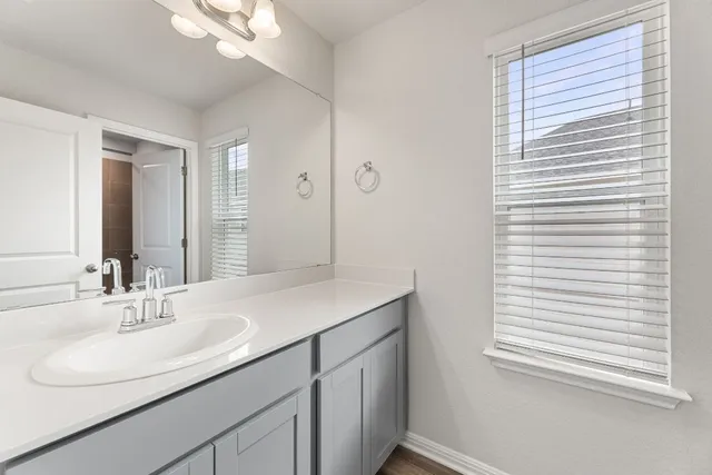 a bathroom with a sink and a mirror