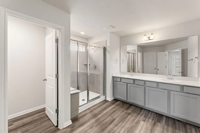 a bathroom with a double vanity sink and mirror