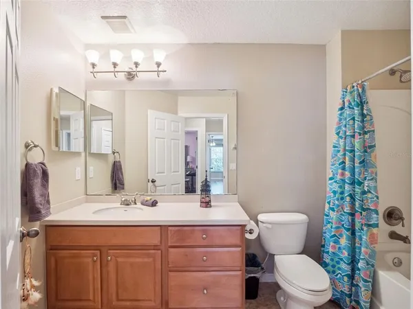 a bathroom with a sink a toilet a mirror a vanity and shower