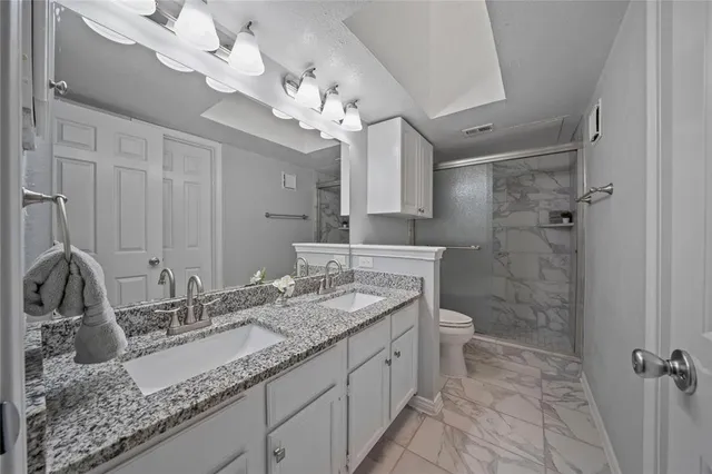 a bathroom with a granite countertop sink a toilet and a mirror