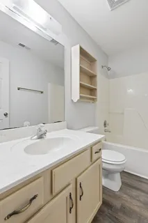 a bathroom with a sink a toilet and shower