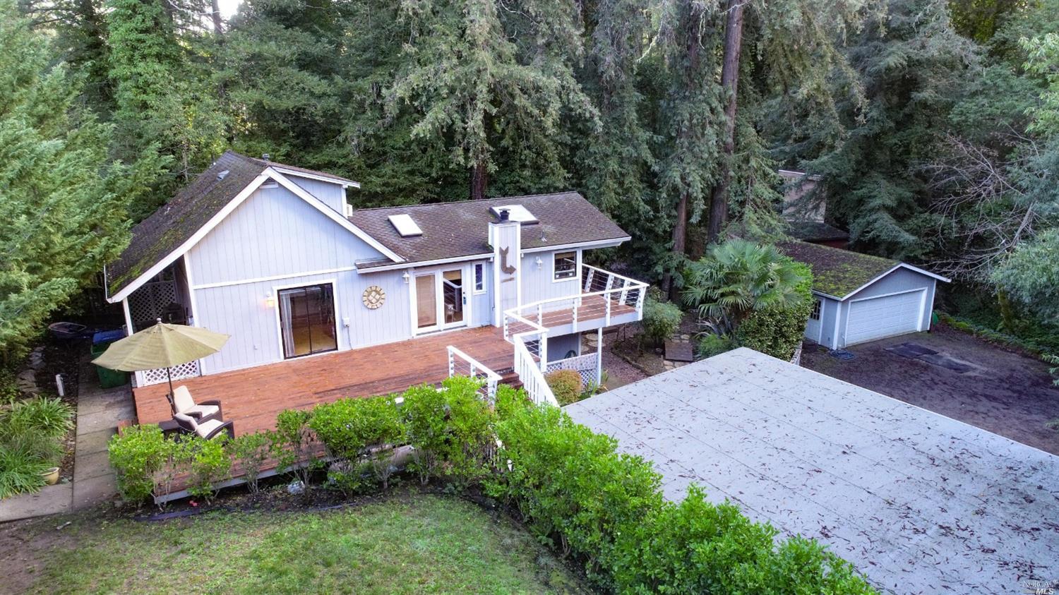 a aerial view of a house with a yard and potted plants